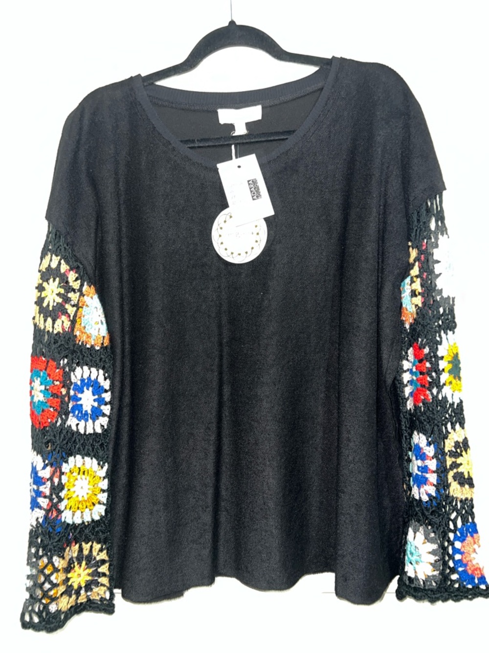 Umgee Black Knit Top with Multicolor Crochet Bell Sleeves